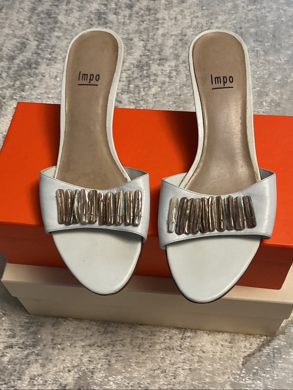 Impo White Leather Slide Mules with Gold-Tone Bead Accent